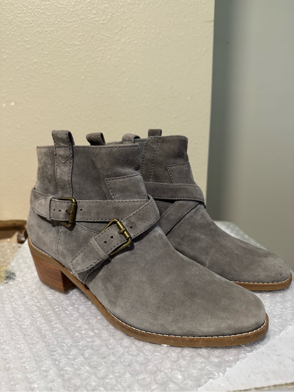 Cole Haan Gray Suede Buckle Ankle Boots